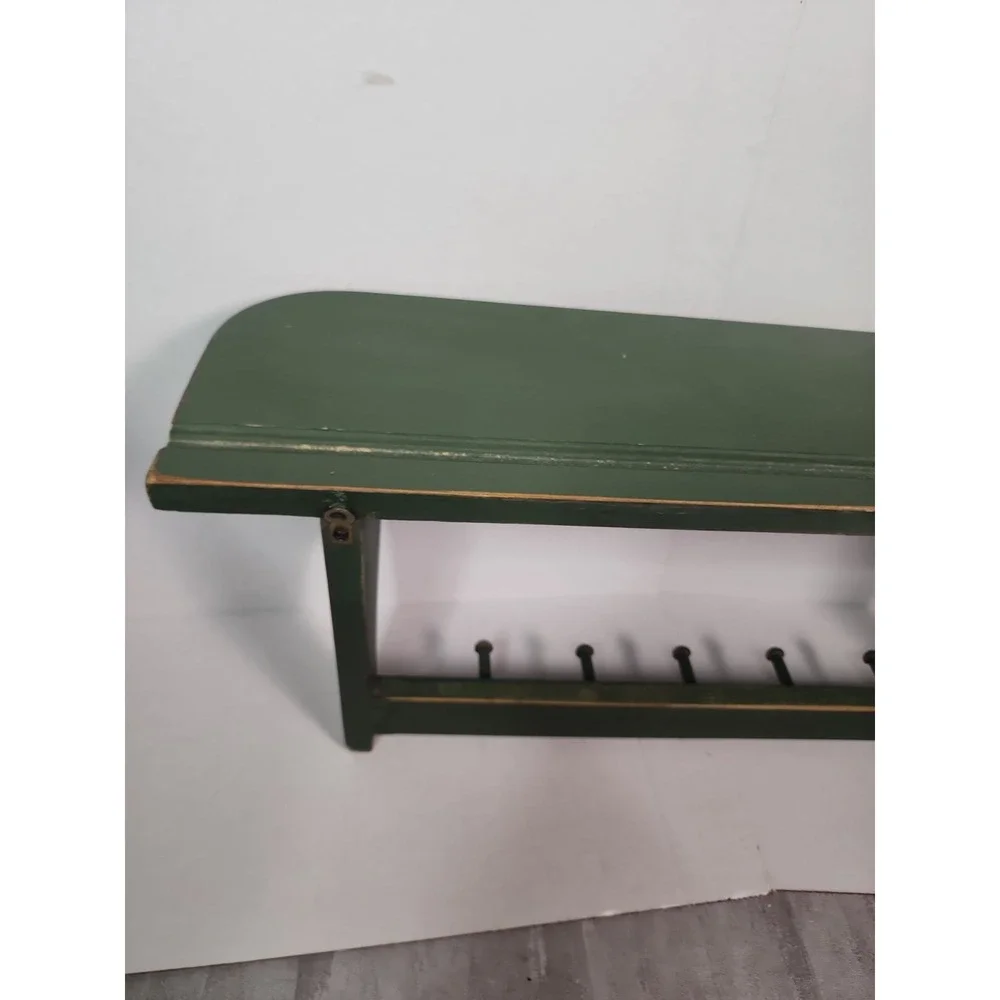 Vintage Green Wood Heart Shelf Five Hooks Cottage Country Distressed 23